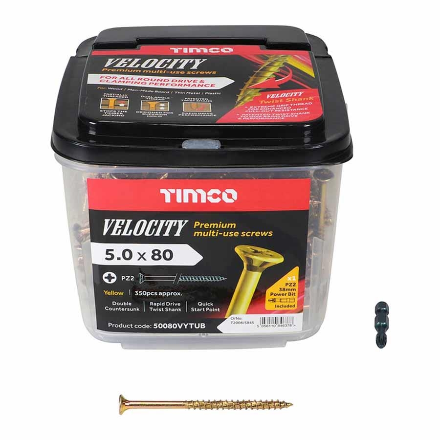 Picture of Timco Velocity Multi-Use Screw Yellow PZ2 5.0x80mm Tub 350